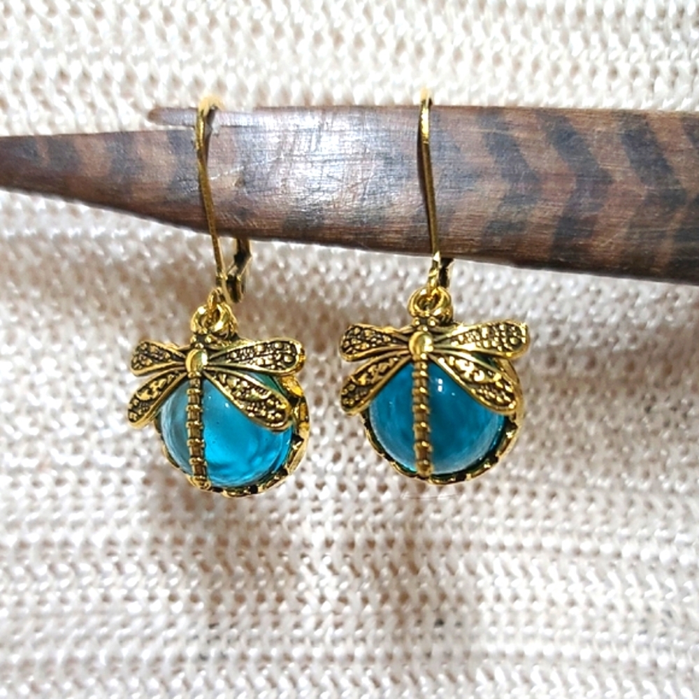 Dragonfly Gold W Aqua Jewel Dangle Earrings NWT